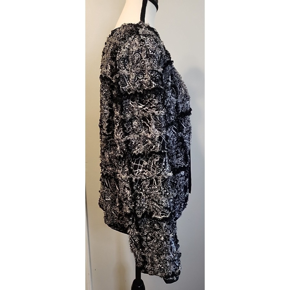 Chicos Black White Paisley Silk Blend Fringe Ruffle Open Front Jacket Womens 1 - Picture 3 of 6
